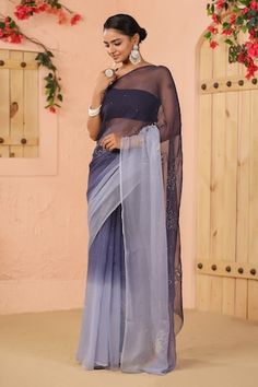 Grey two tone saree with floral, mukaish embroidery. Comes along with unstitched blouse piece. - Aza Fashions Fusion Style Wedding Saree With Unstitched Blouse, Festive Fusion Style Pre-draped Georgette Saree, Fusion Style Saree Blouse For Diwali, Fusion Style Saree In Georgette With Traditional Drape, Designer Fusion Pre-draped Saree With Zari Work, Festive Fusion Style Georgette Saree, Festive Fusion Georgette Saree, Festive Fusion Style Saree With Sheer Dupatta, Festive Fusion Saree With Sheer Dupatta