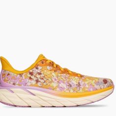 Clifton 8 Size 8 Fit Wide And Roomy Worn Some Pink Floral Print Slip-on Sneakers, Pink Sneakers With Arch Support For Spring, Spring Multicolor Running Shoes With Boost Midsole, Hoka Shoes, Orange Pink, Color Orange, Pink And Orange, Athletic Shoes, Free People