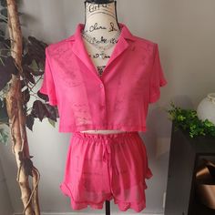 New, Size Medium Sheer Hot-Pink Pajama Set. Pink Summer Loungewear Set, Pink Summer Pajama Party Sets, Pink Summer Sets For Pajama Party, Pink Short Sleeve Sets For Day Out, Pink Short Sleeve Set For Day Out, Pink Matching Set Beach Tops, Pink Matching Set Tops For Beach, Casual Pink Sets For Vacation, Pink Sets For Spring Day Out