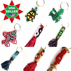 four different key chains with beads and tassels attached to them, each featuring an image of a frog