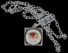 Old Country Roses Sterling and China Back Stamp Pendant with Rhodium Chain - Roses And Teacups Heirloom Baby Gifts, Wedding Necessities, Broken English Jewelry, Silver Spoon Jewelry, Tea Jewelry, Feminine Gifts, Charms Earrings, Old Country Roses, Bridal Purse