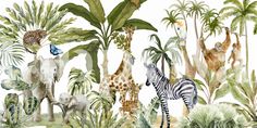 a watercolor painting of different animals and plants