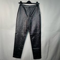 Silver Shiny Pants, Combining Comfort And Fashion. Fitted Dress Pants With Pockets For Party, Fitted Ankle-length Party Pants, Fitted Dress Pants For Party, Fitted Dress Trousers For Party, Stretch High-waisted Dress Pants For Party, Ankle-length Pants For Night Out, Fitted Ankle-length Dress Pants For Party, Spring Party Bottoms With Tapered Leg, Straight Leg Party Bottoms With Pockets