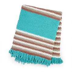 a crocheted blanket with blue, brown and white stripes