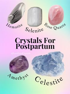 "Crystals between .7-1.5 inches  Celestite cluster 21/2 - 3 1/2 inches long  Hematite: According to Askinosie, Hermatine is the No. 1 crystal for new moms because it helps remind them to stay grounded in new situations. \"When I was a new mom, I wore a hematite anklet...It brings all of your energy to your feet, and when we're grounded we make decisions from a grounded space because we're not in our heads.\" Selenite: This soothing crystal is perfect for a new mom whose head is always in a milli Crystals For Postpartum, Best Healing Crystals, Car Crystals, Womb Healing, Protection Crystals, Stay Grounded, Crystals Stones