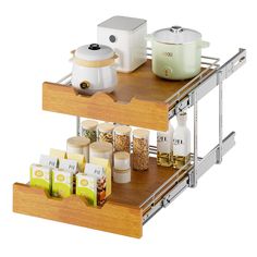 two tiered spice rack with spices and condiments on the bottom shelf for storage