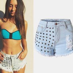 The shorts with rivet is always very popular,the most attractive of this short is its rivets and irregular design,which give others a individual feeling.You can wear it at your free time,which do add some glamour to you.Material:DenimSize:32, 34, 36, 38, 40, 42, 44Colors:White, Black, BlueWaistline:High WaistDecoration:RivetPocket: Side Pockets And Back PocketsFit Type:SlimClose Type:ZipperOccasion: Casual, ClubThe accessories are not included. Punk Style Short Jean Shorts For Summer, High Waist Punk Shorts For Spring, Punk High Waist Shorts For Spring, Punk High-waisted Shorts For Spring, Punk Style Shorts For Festivals, Punk Style High Waist Shorts For Spring, Edgy Summer Shorts, Punk Cutoff Jean Shorts For Summer, Punk Style Cutoff Jean Shorts For Summer