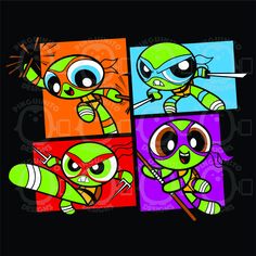 four cartoon characters with different colors and designs on them, one is holding a baseball bat