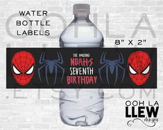 a water bottle label with spiderman's name and the number eight on it