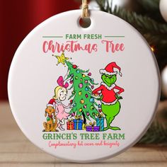 a christmas tree ornament with the grinch's tree farm on it