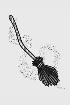 a black and white drawing of a broom flying through the air with bubbles coming out of it