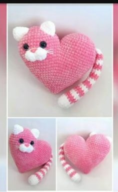 there is a pink knitted heart with white stripes and a cat's face on it