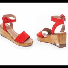 Bernardo Kate Platform Wedge Sandal Suede Red Wooden Wedge Platform Sandals Tomato Split Color Size 7 New Summer Wedge Sandals With Red Sole And Ankle Strap, Summer Ankle Strap Wedge Sandals With Red Sole, Red Ankle Strap Wedge Sandals With Removable Insole, Red Platform Sandals For Summer, Beach Wedge Sandals With Red Sole And Round Toe, Chic Summer Wedge Sandals With Red Sole, Red Open Toe Summer Wedge Sandals, Red Ankle Strap Wedge Sandals For Vacation, Red Open Toe Wedge Sandals For Summer