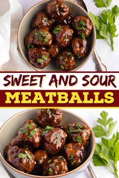 two bowls filled with meatballs and garnished with parsley on the side