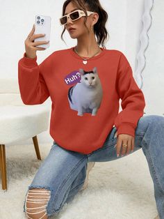 Size chart: Oversized Crew Neck Tops With Cat Print, Oversized Cat Print Crew Neck Top, Casual Cartoon Print Sweater, Trendy Long Sleeve Sweatshirt With Cat Design, Relaxed Fit Long Sleeve Sweatshirt With Cat Print, Casual Long Sleeve Sweatshirt With Cat Print, Winter Trendy Top With Cat Print, Casual Crew Neck Sweatshirt With Cat Print, Casual Fall Sweatshirt With Cat Print