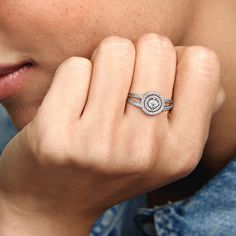 Give the gift of classic style with the Sparkling Double Halo Ring. Hand-finished in sterling silver, this shimmering piece is decorated with clear cubic zirconia. The statement centerpiece features one big, raised central stone surrounded by two sparkling halos. The outer halo sits slightly lower than the inner halo, with space in between them to add depth to the design. Treat your loved one to this ring and matching earrings for an eye-catching combination. - Pandora Sparkling Double Halo Ring Double Halo Ring, Double Halo, Ladies Diamond Rings, Cz Diamond, Halo Ring, Halo Rings, Diamond Crystal, Sterling Silber, Matching Earrings