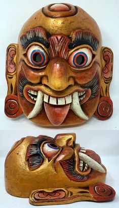 "Beautiful hand-carved masks featuring a Lakhey, the demon protector common in Nepalese dances and Newar culture. These are medium sized pieces with intricate carving and detailed painting. They are hand-crafted by master carvers in Kathmandu, Nepal. Ships from the USA with secure packaging. White (m435) Height: 11.4\" Width: 12\" Depth: 4\" Off-White (m436) Height: 12\" Width: 10.5\" Depth: 3\" Red (m437) Height: 13\" Width: 12\" Depth: 4\" Blue (m438) Height: 12.5\" Width: 12\" Depth: 4\" Red Traditional Masks For Masquerade And Festivals, Traditional Festival Masks And Prosthetics, Traditional Masks And Prosthetics For Masquerade Festivals, Demon Protector, Snow Lion, Intricate Carving, Demon Mask, Tibetan Meditation, Meditation Photos