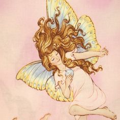 a drawing of a girl with long hair flying in the air next to a butterfly