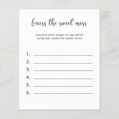 a white card with the words guess the sweet mess written in black ink on it