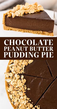 chocolate peanut butter pudding pie with text overlay