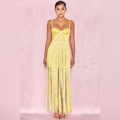 House Of Cb Emee Acid Yellow Satin Fringe Dress Limited Edition. This Dress Is Sold Out And Won’t Be Restocked! Brand New With Tags Never Worn. Size Small Fitted Fringe Mini Dress For Gala, Fitted Fringe Dress For Party, Fitted Fringe Dress For Party Season, Cocktail Evening Dress With Fringe, Yellow Floor-length Dress For Night Out, Floor-length Fringe Dress For Night Out, Fringe Floor-length Dress For Night Out, Yellow Midi Dress For Party, Yellow Midi Party Dress