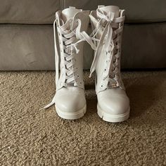 Brand New Nine West Ankle Boots. Lace Up Front Detail With Zippers On Side. White Casual Lace-up Platform Boots, Spring High-top Lace-up Boots, White High Heel Wedge Boots For Spring, White High-top Wedge Boots For Spring, Trendy White High-top Wedge Boots, Trendy White Wedge Boots For Spring, Casual White High-top Platform Boots, High-top Faux Leather Wedge Boots, Spring High Ankle Faux Leather Booties