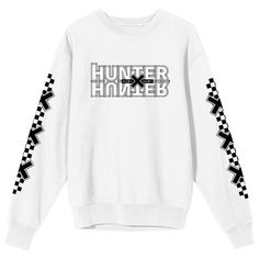 Embrace the adventurous spirit of Hunter x Hunter with this adult white crew neck long sleeve sweatshirt. The front showcases the iconic Hunter x Hunter logo, while the back features a dynamic illustration of Gon and Killua in action. Black patterns on the sleeves add a touch of unique flair. Made from a comfortable blend of 50% cotton and 50% polyester, this sweatshirt is perfect for fans looking to stay cozy and stylish. Machine wash it on cold with like colors and tumble dry on low heat for e White Crew Neck Hoodie With Screen Print, White Long Sleeve Hoodie With Screen Print, White Crew Neck Sweater With Graphic Print, White Graphic Print Crew Neck Sweater, Winter Graphic Design Long Sleeve Sweatshirt, White Graphic Print Crew Sweatshirt, White Winter Sweatshirt With Screen Print, White Winter T-shirt With Logo Print, White Graphic Design T-shirt