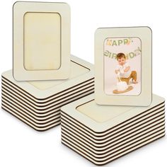 a set of six wooden photo coasters with a happy birthday design