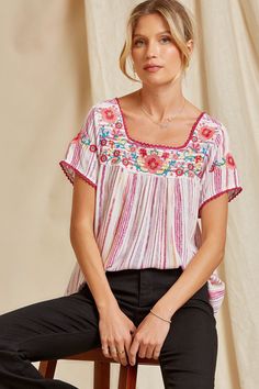 We love the vibe of this gorgeous embroidered top. It features a square neckline, short sleeve, crochet detailing, colorful floral embroidery, a striped woven fabric and a relaxed a-line fit. Pair this up with skinny jeans and booties for a chic look! Small Bust 38" L 25" : Medium Bust 40" L 25" : Large Bust 42" L 25" 1X Bust 46" L 26" : 2X Bust 48" L 26" : 3X Bust 50" Length 26" 100% Rayon - no stretch Hand wash cold Sleeve Crochet, Leopard Top, Embroidery Top, The Vibe, Kimono Jacket, Large Bust, Embroidered Top, Small Bust, Square Neckline