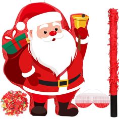 a santa clause holding a bell and standing next to some confetti sticks,