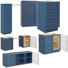 four different types of cabinets with doors and drawers on each side, including one door open