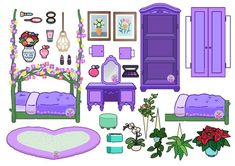 a purple bedroom with furniture and flowers