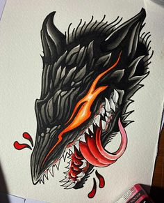 a drawing of a black dragon with red and orange flames on it's head