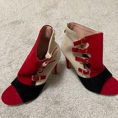 Booties, Red And Navy Blue And Tan Brand New Never Worn Size 6 Red Round Toe Heels With Buckle Closure, Red Heels With Buckle Closure And Round Toe, Red Heels With Buckle Closure, Spring Ankle Boot Heels With Red Sole, Red Suede Ankle-high Heels, Bohemian Jewels, Fashion Nova Shoes, Funny Tshirt Design, Sweatshirt Outfit