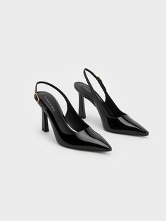 Black Patent Trapeze Heel Slingback Pumps - CHARLES & KEITH US Charles And Keith Heels, Charles And Keith Shoes, Charles And Keith, Heels Outfits, Faux Leather Heels, Pointed Heels, Charles Keith, Slingback Pump, Dream Shoes