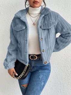 Solid Color Front Button Casual Long Sleeve Jacket Blue Casual  Long Sleeve Woven Fabric Plain Teddy Non-Stretch  Women Clothing, size features are:Bust: ,Length: ,Sleeve Length: Fluffy Jacket, Top Jeans, Normal Body, Teddy Jacket, Denim Overalls, Inspiration Mode, Red Fashion, Gray Jacket, Outerwear Women