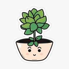 a cartoon potted plant with a happy face sticker on the front and side