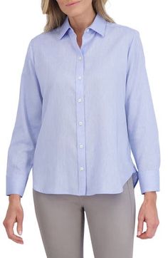 A lightweight linen-blend fabric adds year-round appeal to this classic button-up shirt that's an everyday wardrobe essential. 27" length (size Small) Front button closure Point collar Long sleeves with button cuffs 55% linen, 45% Lenzing™ EcoVero™ viscose Lenzing EcoVero viscose is a sustainably produced fiber using pulp made from renewable wood sources and certified with the EU Ecolabel for high environmental standards, including lower emissions and water usage than generic viscose Machine was Water Usage, Everyday Wardrobe, Powder Blue, Linen Blend, Wardrobe Essentials, Button Up Shirts, Button Up, Top Blouse, Nordstrom