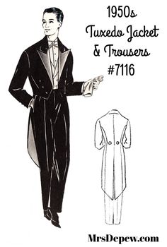 "This is a digital, draft-at-home pattern for a Men's Tuxedo formal dinner jacket and trousers. The vest and bow tie as illustrated are not included. The jacket features long coat tails and turned revers. SIZING: CHEST: 5 1/2\" - 60\" (Ken-doll to men's plus size!) This is a pattern from a French pattern drafting system fairly similar to the Lutterloh golden rule patterns. You will be able to draft a pattern to your exact size from the miniature pattern template and specially designed rulers. To Sewing Patterns Men, Menswear Couture, 1950s Mens Fashion, Sewing Template, Suit Sewing Patterns, Mens Sewing Patterns, Vest And Bow Tie, Ken Dolls, Formal Tuxedo