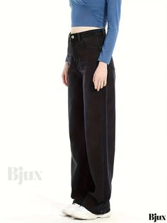 Bjux - Womens Non-Stretch Denim Pants with Slant Pockets - Casual Straight Fit Jeans for a Stylish Look Straight Jeans With Five Pockets, Full Length Jeans For Workwear, Five Pocket Jeans, Stretch Jeans With Five Pockets, Dark Wash Full Length Cargo Pants, Solid Denim Bottoms, Stretch Denim Pants, Straight Fit Jeans, Stretch Denim