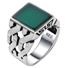 PRICES MAY VARY. Sophisticated Design: This men's ring boasts a sleek, modern design with a striking green agate gemstone centerpiece and a braided Cuban link chain motif engraved on the solid 925 sterling silver band. Durable Craftsmanship: Handmade with exceptional attention to detail, this ring is crafted from genuine sterling silver for long-lasting durability and quality. Versatile Style: The bold green agate stone and intricate chain pattern create a versatile accessory that can be dressed Unique Mens Rings, Braided Ring, Chain Pattern, Black Onyx Ring, Ring Crafts, Green Agate, Cuban Link Chain, Onyx Ring, Men's Ring