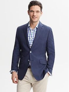 Tailored Navy Linen-Wool Blazer | Banana Republic Mens Summer Wedding Fashion, Mens Navy Blue Suit, Blue Suit Style, Summer Wedding Menswear, Khaki Suits, Man Blazer, Navy Blue Suit, Navy Linen, Sharp Dressed Man