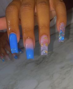 Cute Nail Inspo Acrylic Square, Short Acrylic Nails Blue, Long Acrylic Nail Designs, Drip Nails, Glow Nails, Work Nails