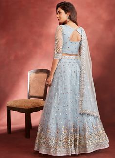 Dusty Blue Embroidered Net Lehenga – Lashkaraa Embellished Net Dupatta For Eid, Floor-length Net Sharara For Eid, Floor-length Net Sharara With Sheer Dupatta, Party Wear Gown With Resham Embroidery In Net, Party Wear Gown With Resham Embroidery And Net, Party Wear Net Gown With Dupatta, Party Wear Gown With Dupatta Made Of Net, Traditional Embellished Net Gown, Floor-length Net Salwar Kameez For Reception