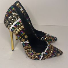 Sequins Pump Heels By Privileged. Multi Colored Luxe Sequins Atop A 5" Pointy Toe Stiletto. The Details On This Pump Are Astonishing. Pump Heels, Shoe Closet, The Details, Gold Black, Pumps Heels, Multi Colored, Shoes Women Heels, Shoes Heels, Pumps