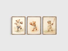 three framed pictures of teddy bears holding baseball bats, one with a ball and the other without