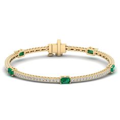 This exquisite emerald and diamond bracelet is a true statement piece, showcasing the stunning combination of vibrant emeralds and sparkling diamonds in a twist on the classic tennis bracelet. Crafted with precision and attention to detail, this bracelet is the perfect accessory for any special occasion or formal event Metal: 14K Gold Setting Type: Prong Rhodium Finish: Yes, on White Gold Gemstone Details: Gemstone: Emerald Shape: Emerald Cut Average Dimensions: 5.00 x 3.00 MM Quantity: 05 Avera Dance Jewelry, Birthstone Gifts, Ring Pendant Necklace, Diamond Fashion, Sparkle Diamonds, Tennis Bracelet, Mens Wedding Bands, Bridal Rings, Pendant Earrings