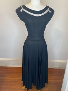 "1940's - 1950's Black Sheer Crepe Dress With Cut Out Neckline, Netting Full Circle, Long Skirt Bust: 32\" Waist: 26\" Hips:60+ Full circle Length: 49\" Shoulder: 16-17\"" Alexandria Va, Black Vintage, Full Circle, Crepe Dress, Dress Clothes For Women, Long Skirt, Cut Out, Dress Outfits, Vintage Fashion