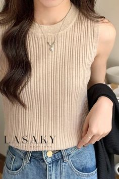 Lasaky - Form-Fitting Sleeveless Knit Vest with Delicate Spaghetti Straps and Slim-Fit Bodysuit Beige Ribbed Sleeveless Sweater Vest, Elegant Ribbed Sleeveless Sweater Vest, Beige Knitted Tank Top, Elegant Sleeveless Knit Top For Winter, Bodysuit Designs, Sleeveless Knit, Jean Top, Color Fabric, Knit Vest