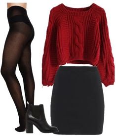 Red And Black Fall Outfits, Red Crop Sweater Outfit, Red Sweater And Black Skirt Outfit, What To Wear With Red Sweater, Red Sweater Skirt Outfit, Red Knit Skirt Outfit, Outfits With Black Pencil Skirt, Red Themed Outfits Casual, Red Sweater With Skirt